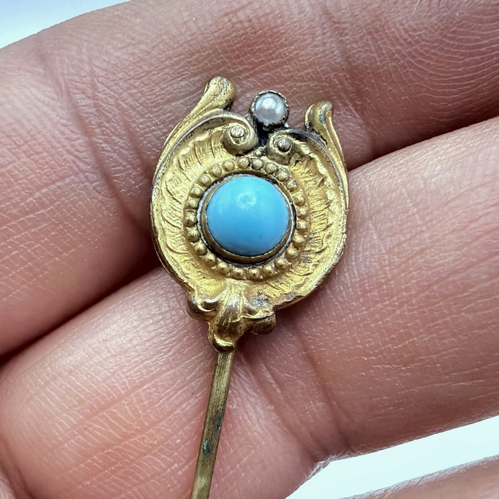 Vtg Art Nouveau Gold-Tone Stick Pin Turquoise Blue Cab